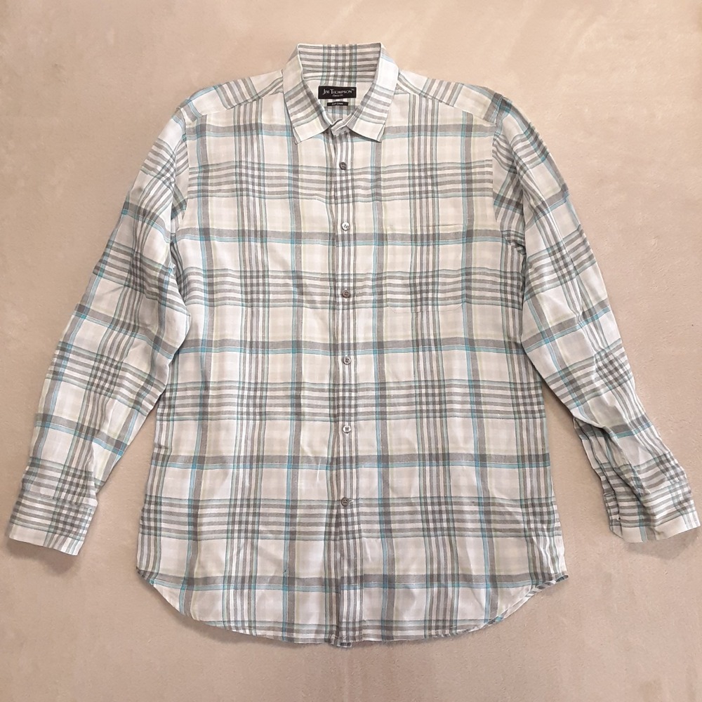 Jim Thompson Mens Irish Linen Button Shirt Long Sleeve XL Classic Fit Gray Plaid